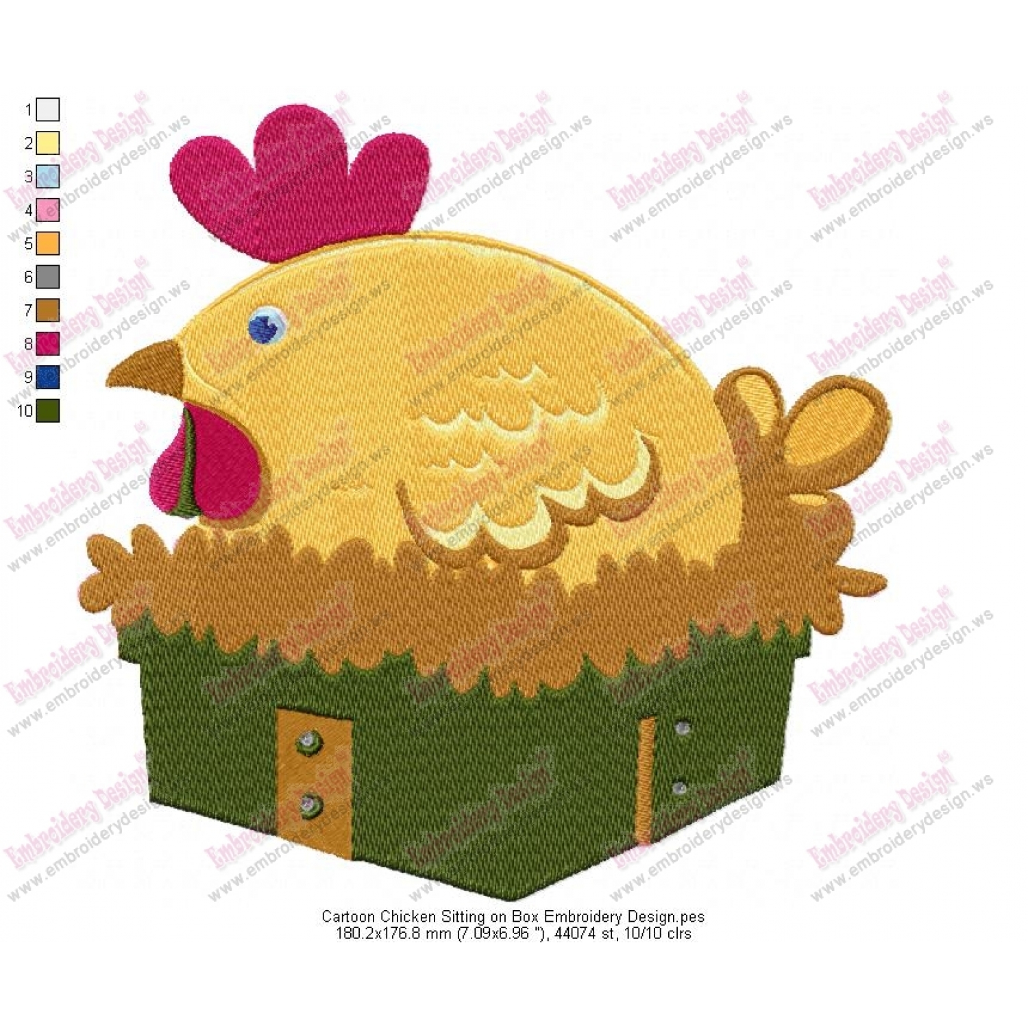 Cartoon Chicken Sitting on Box Embroidery Design